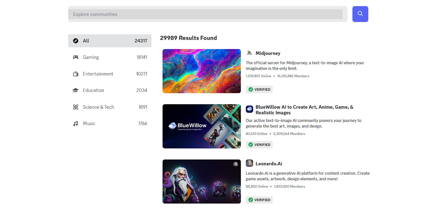 Screenshot of Discord’s Discover feature