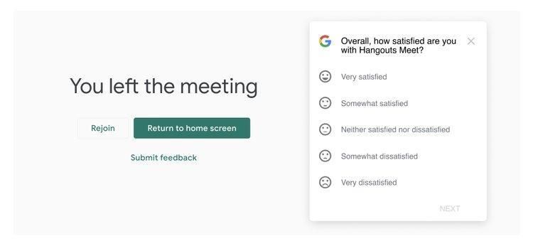Post-meeting screen with Hangouts Meet satisfaction survey.