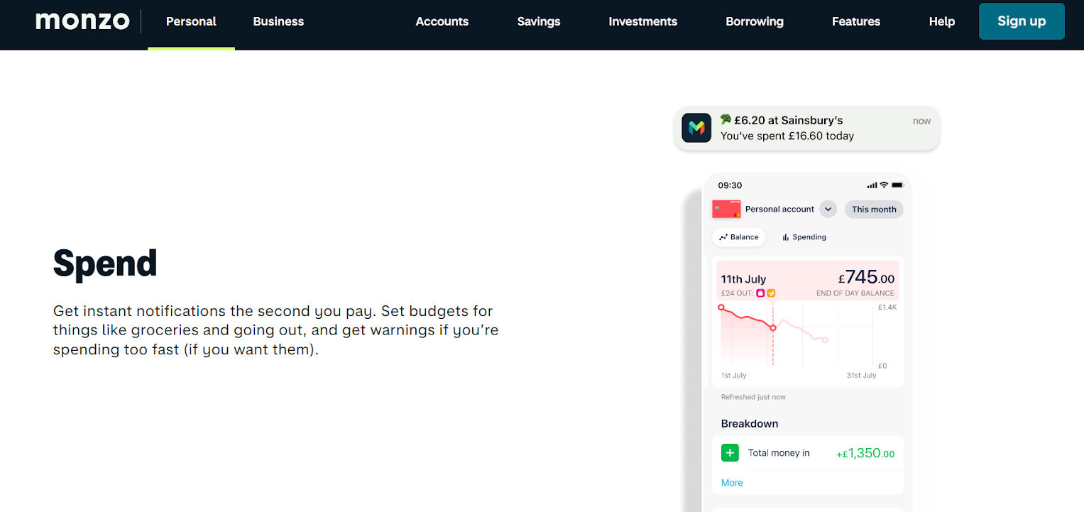 Screenshot of Monzo’s homepage