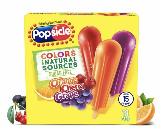 The bold Popsicle packaging features yellow, red, and blue colors. 