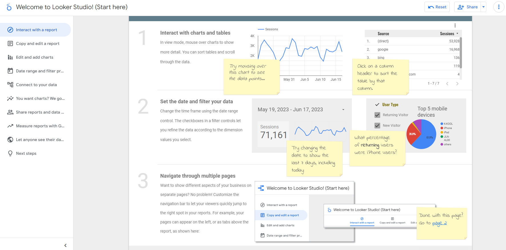 Screenshot of Looker Studio's onboarding steps with several