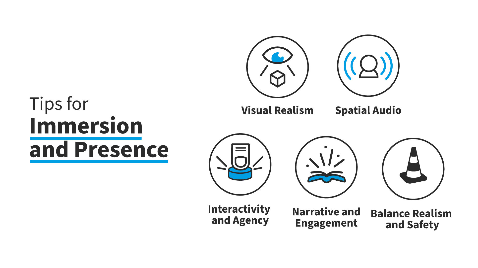 An illustration with five different icons, each representing a different tip for designing for immersion and presence. They include visual realist, spatial audio, interactivity and agency, narrative and engagement, and balance realism and safety.