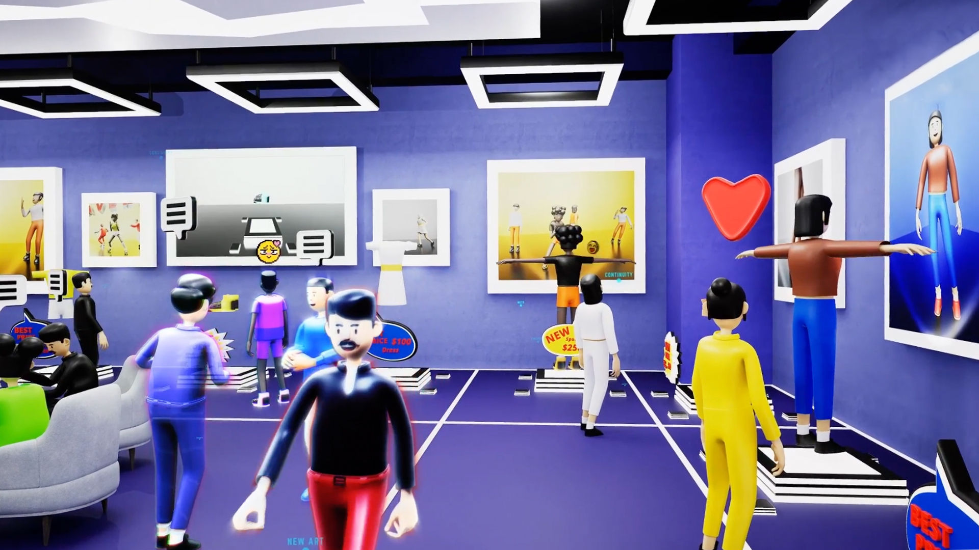 A screenshot from a VR application or something similar that represents what the metaverse would look like. There are several different avatars all doing different things.