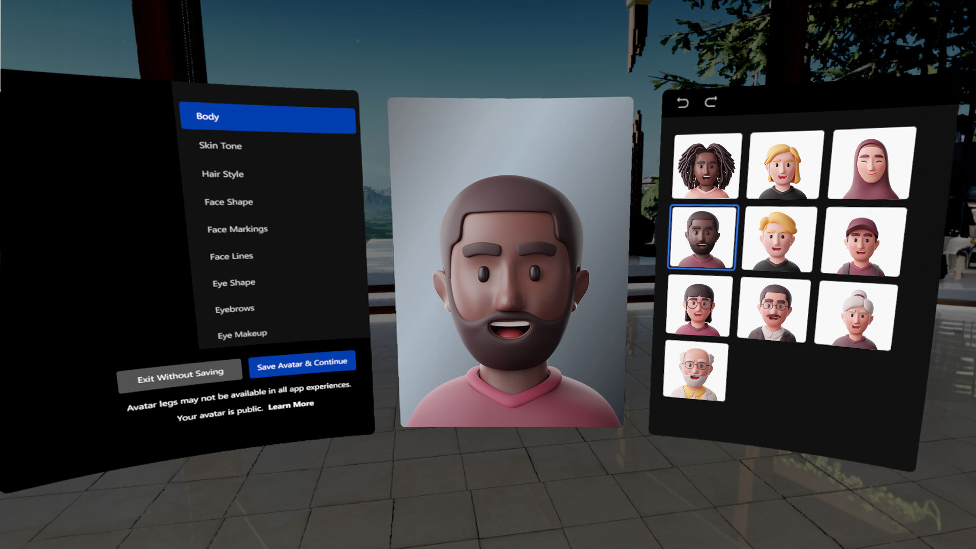 A screenshot from a VR application. It shows avatar customization.