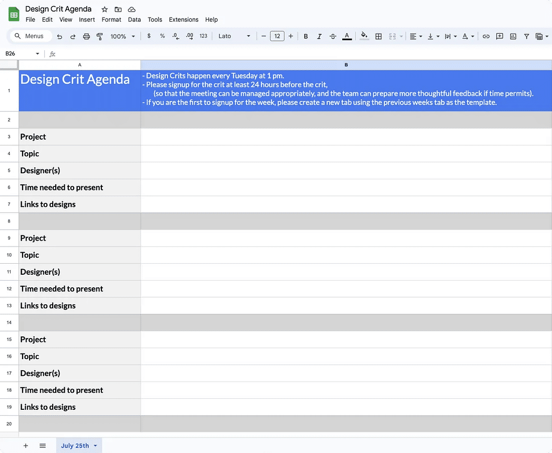 An image of a design critique agenda.