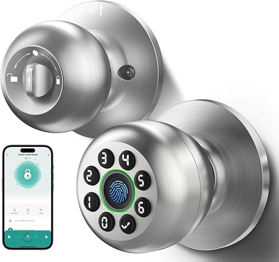 An image of two sides of a smart door lock and handle and an app on a smart phone.