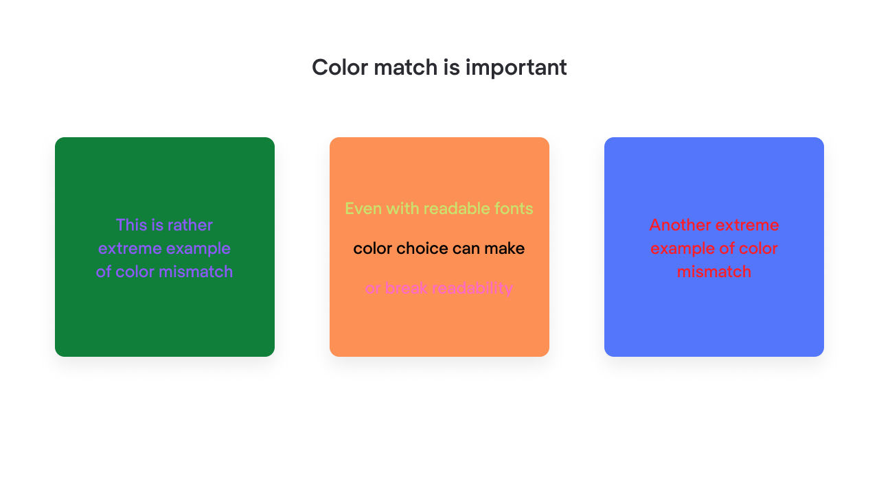 Image of a green, orange and blue square with text on each to illustrate contrast.