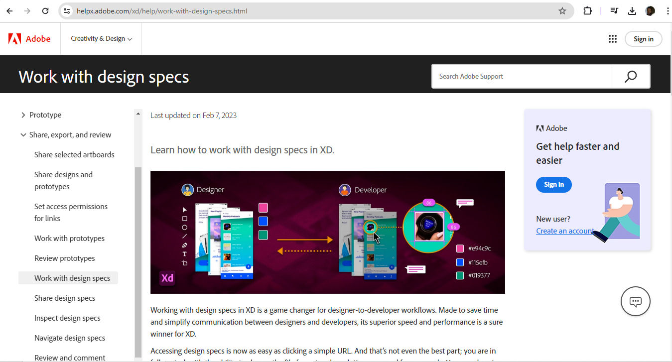 An Adobe screenshot showing how to work with design specs.