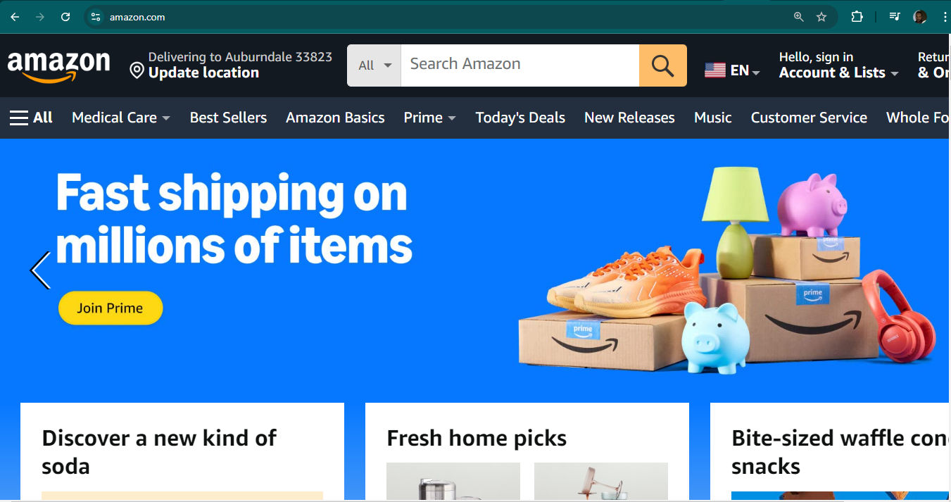 A screenshot of Amazon.com's landing page.