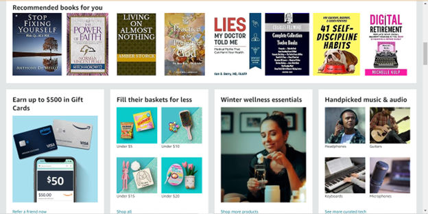 Screenshot from Amazon.com showing recommended books and more.