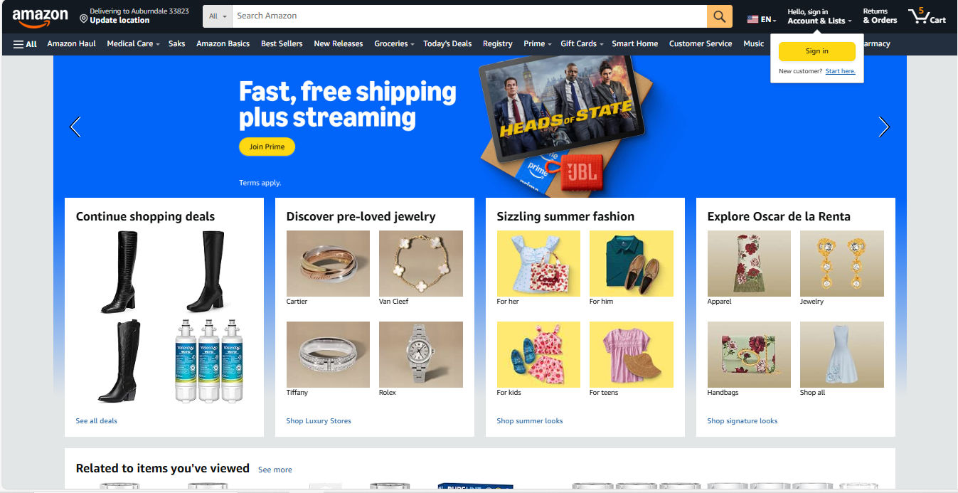 A screenshot of an Amazon homepage featuring fashion boots, jewelry, and more, with helpful color choices guiding the UX.
