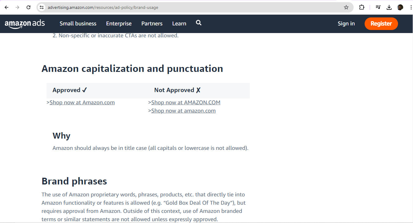 A screen showing Amazon's guidelines for third-party advertisements.