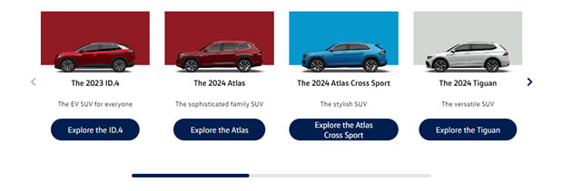 Image showing a carousel of car choices on Volkswagen's website.