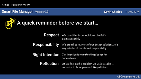 A screenshot or slide showing the four Rs: Respect, Responsibility, Right intention, and Reflection as ground rules for a design critique.