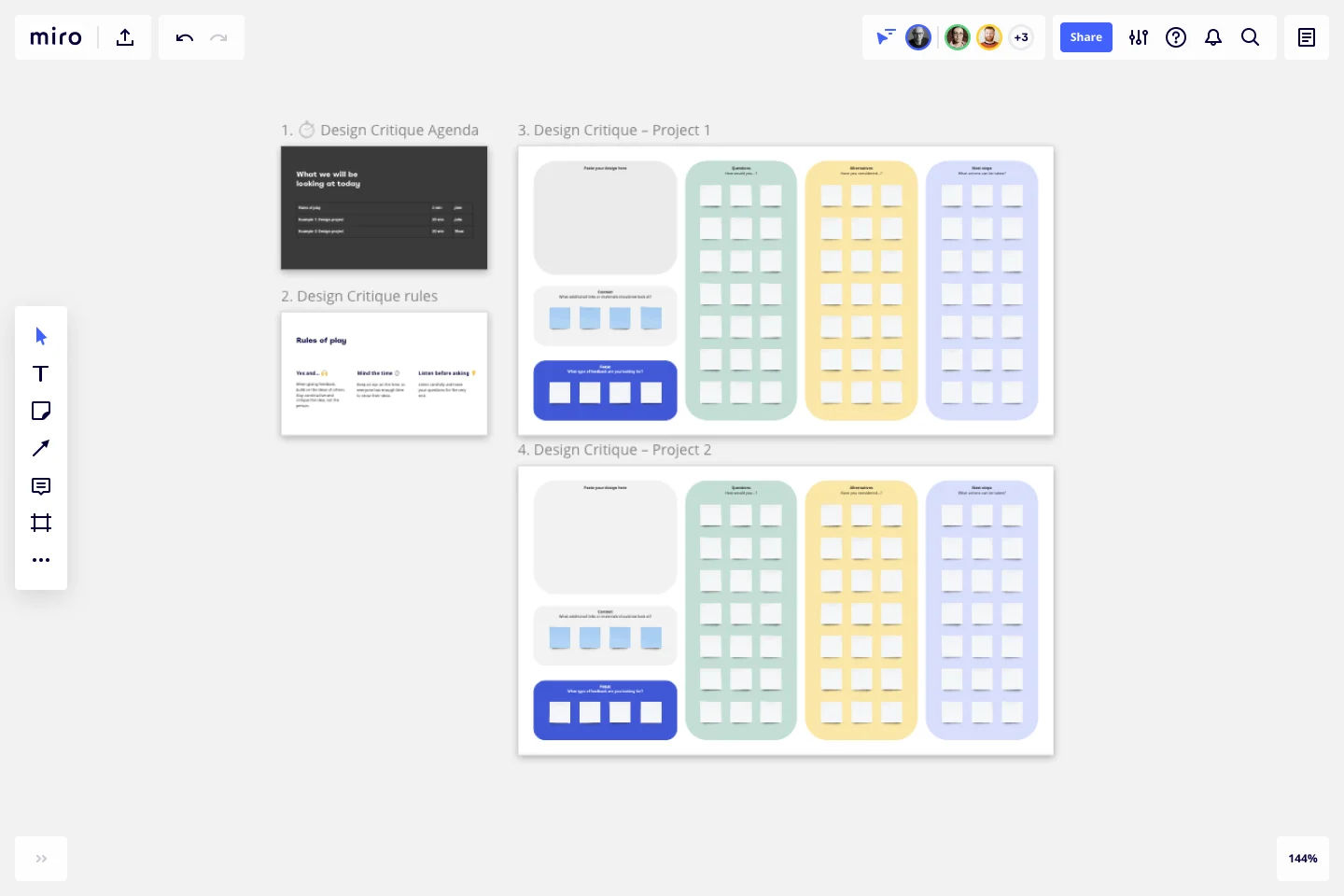 A screenshot of Miro's Design Critique Template.