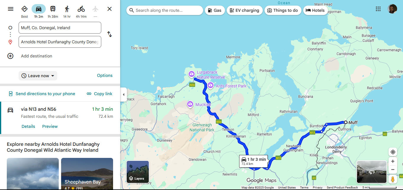 A Google Maps directions screen showing directions from the town of Muff in Ireland to a hotel in Dunfanaghy Ireland.