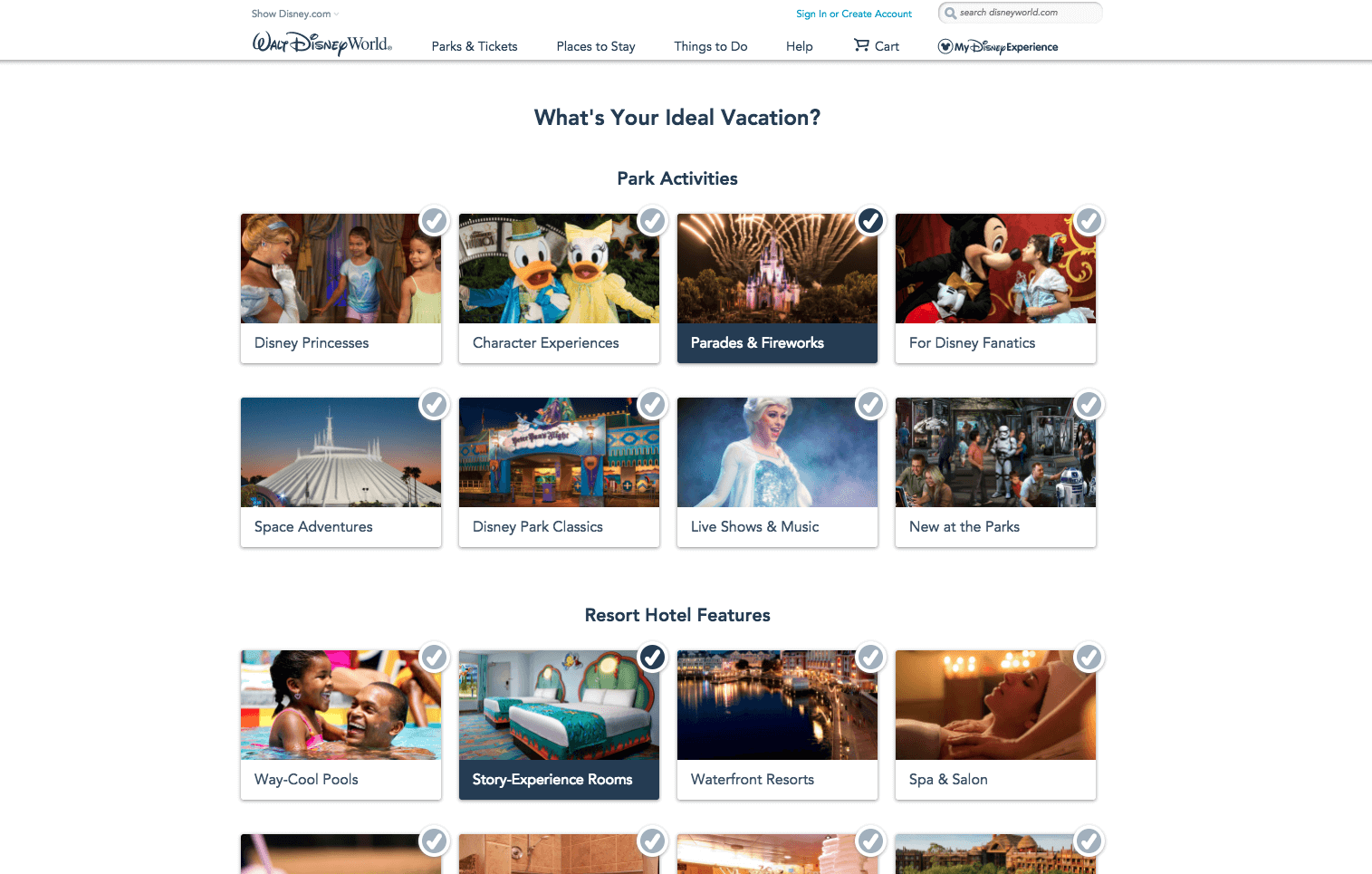 An image showing a Disney screen with the title What's Your Ideal Vacation? followed by options.