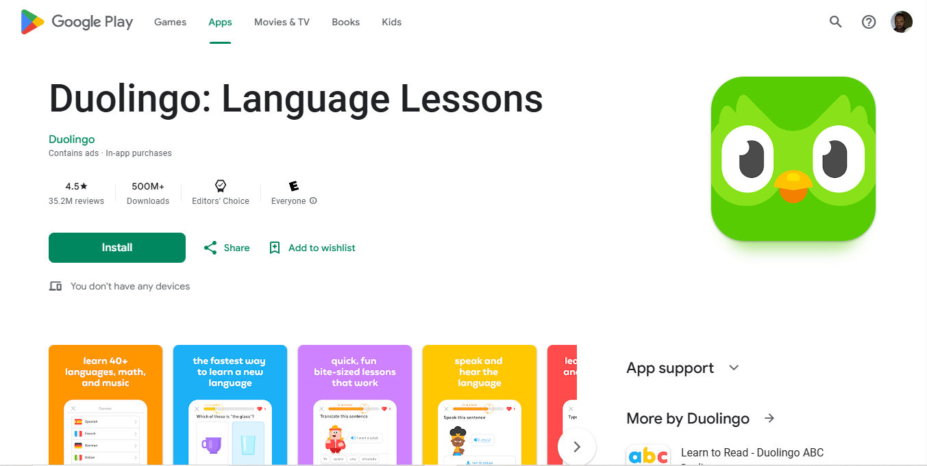 A screenshot of the DuoLingo app as found on Google Play.