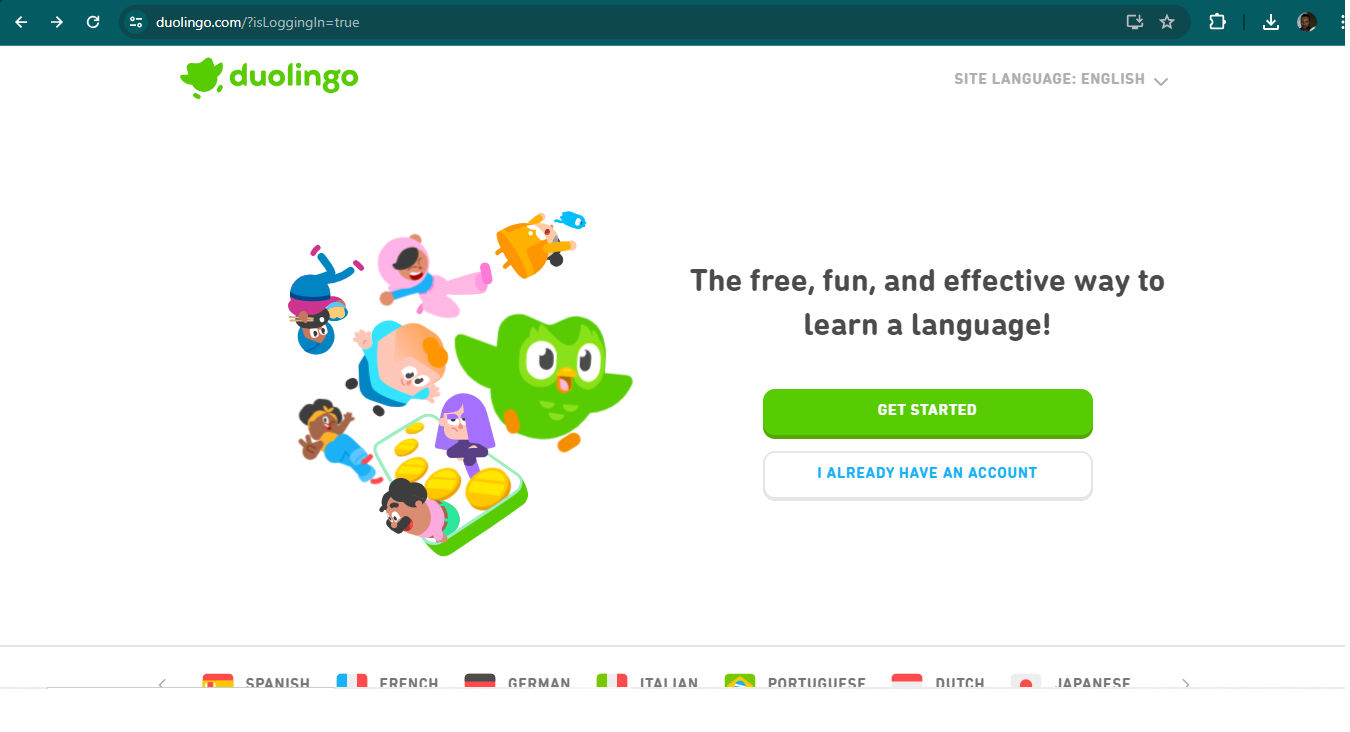 A screenshot from Duolingo's home page.