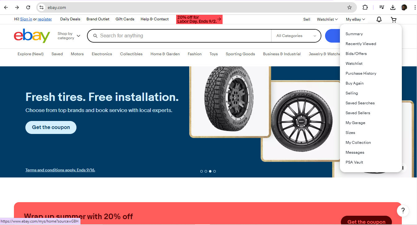 A screenshot from eBay's website, showing navigation features.
