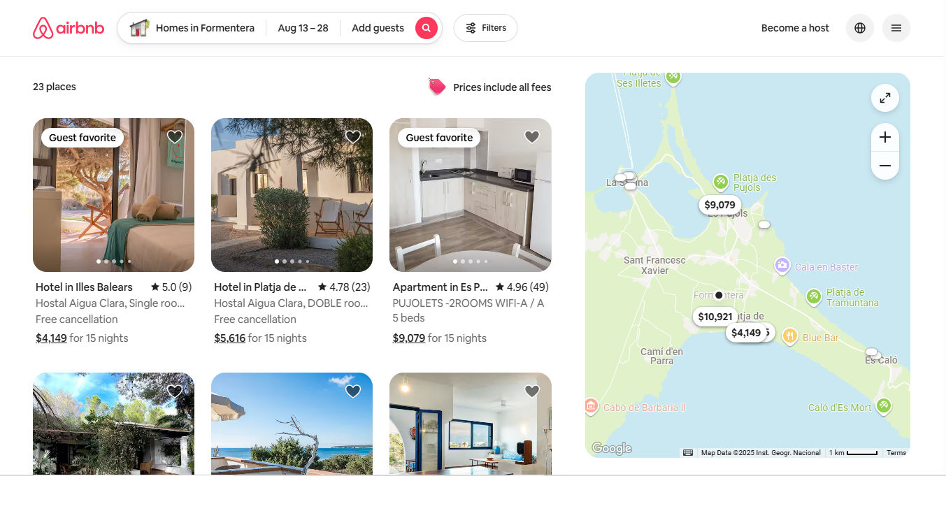 A screenshot of an Airbnb page showing accommodation results or options on the island of Formentera.