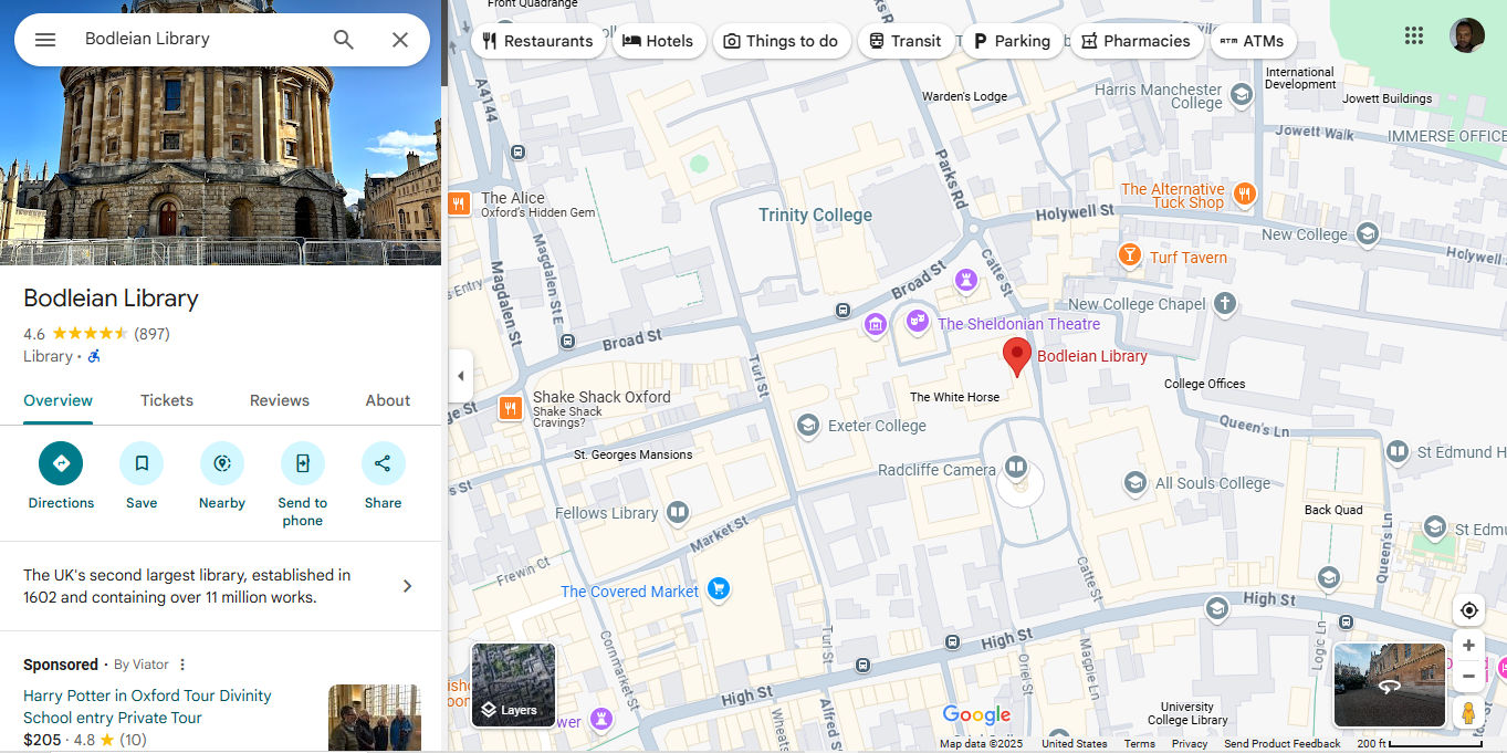 A Google Map showing the location of the Bodleian Library in Oxford, England.
