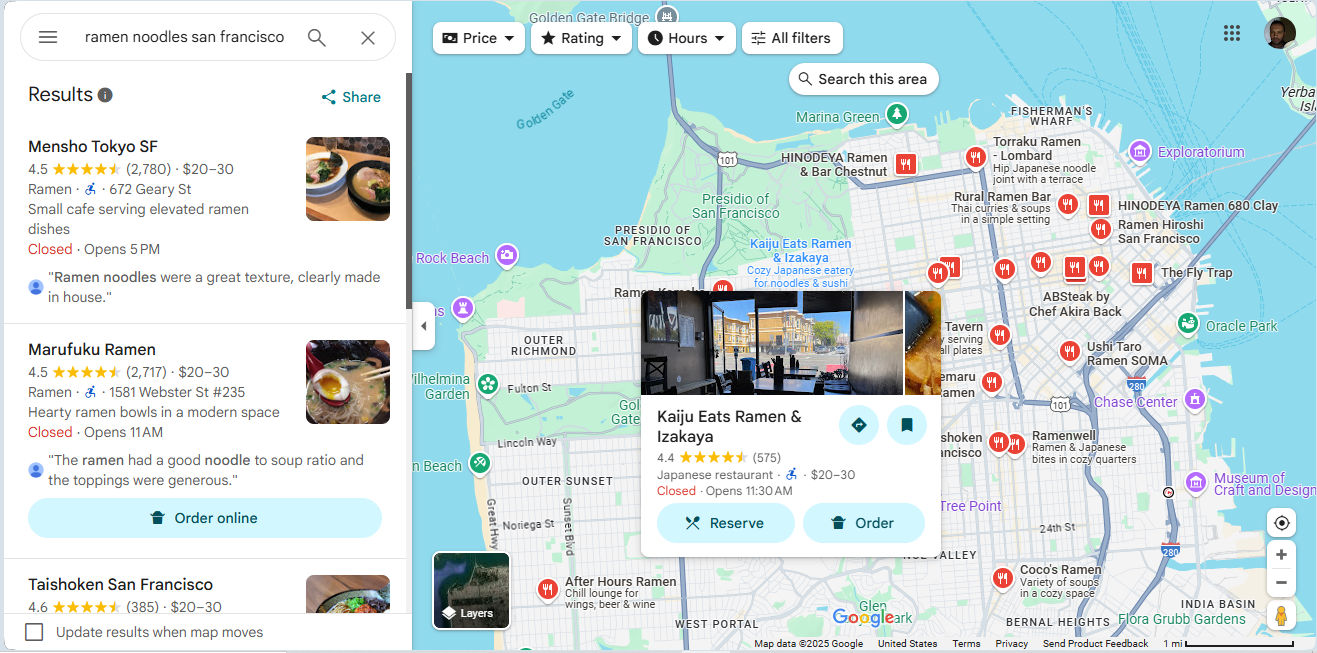A screenshot from Google Maps of a search for noodle shops and restaurants in San Francisco.