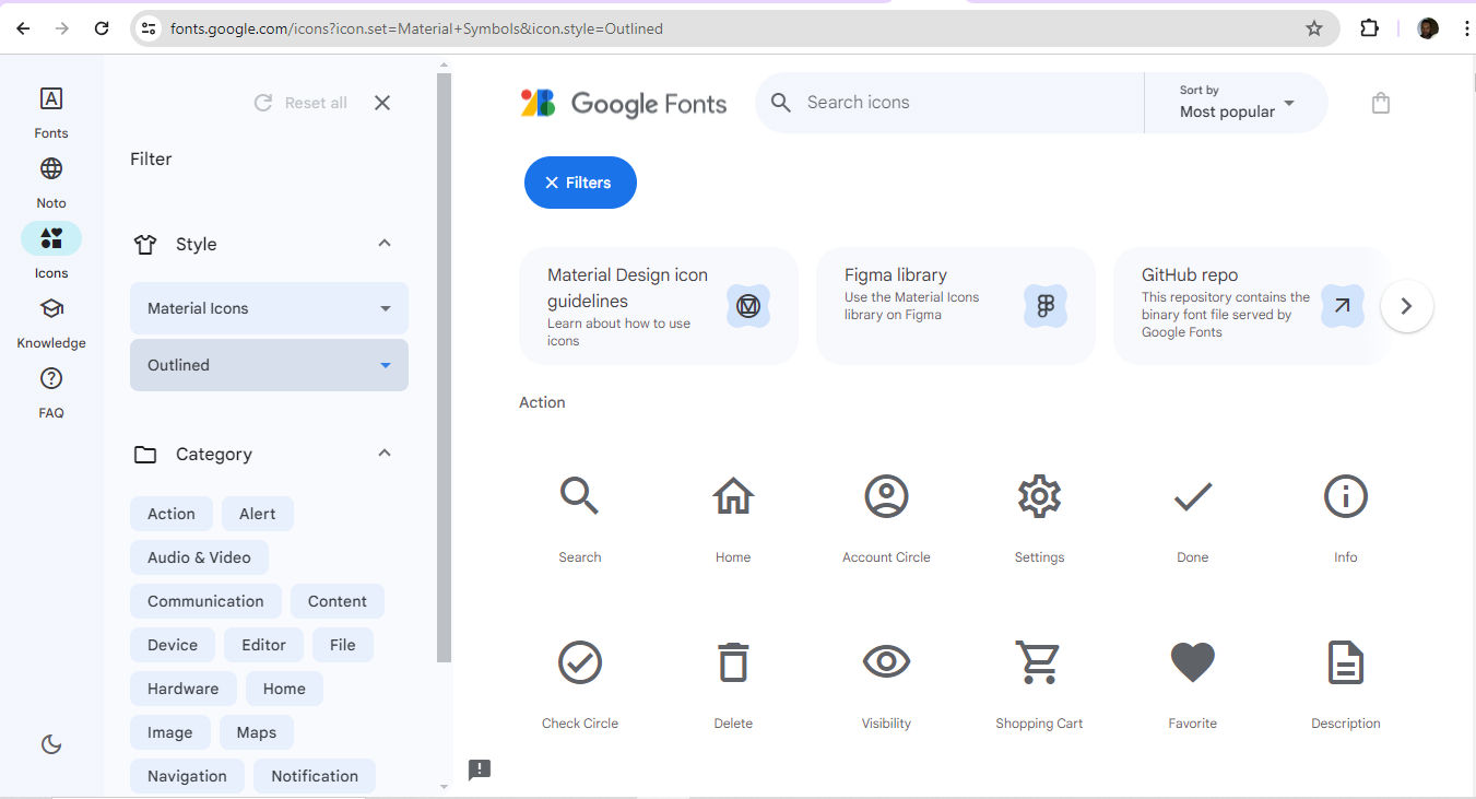 A screenshot showing Google Fonts and Material Design guideline options.