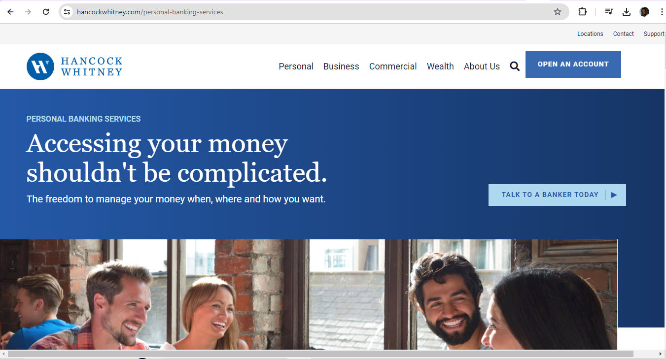 A screenshot from Hancock Whitney bank's site.