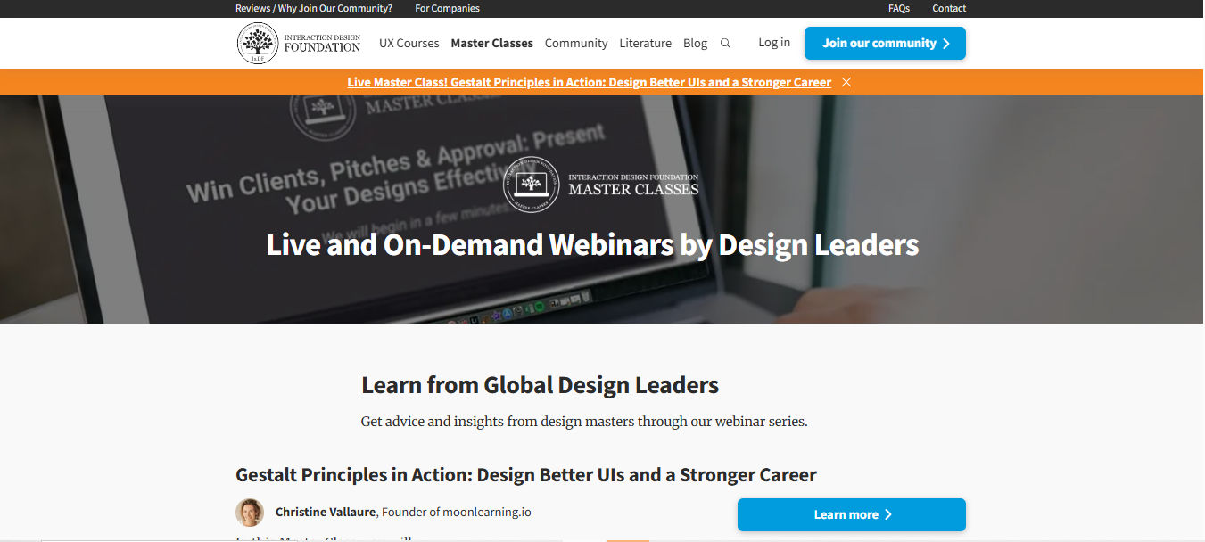 A screenshot showing the IxDF Master Classes page.