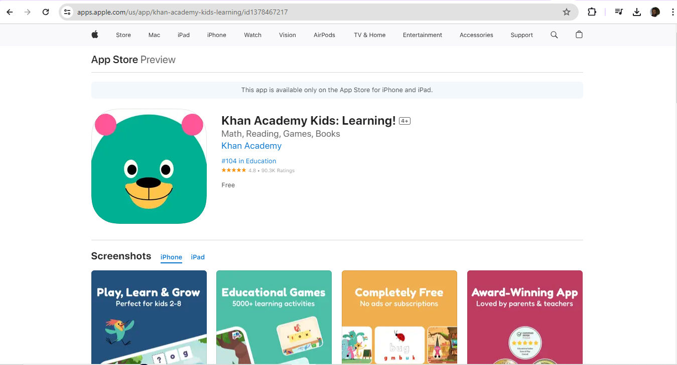 A screenshot showing Khan Academy Kids: Learning! App.