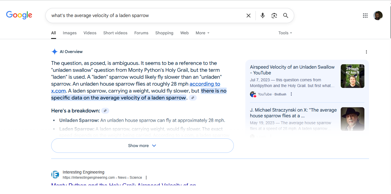 A screenshot of the result from a question to Google—What's the average velocity of a laden sparrow?—and Google's response, noting it as ambiguous and correctly linking it to a famous comedy film.      