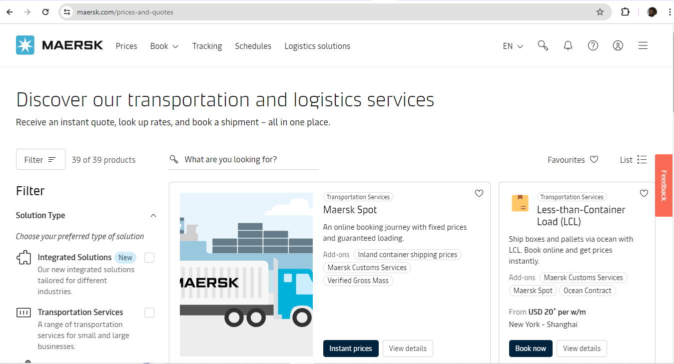 A screenshot from a Maersk web page.