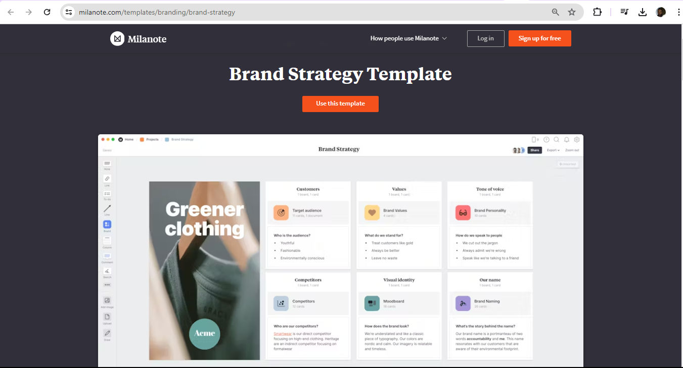 A screenshot showing Milanote’s Brand Strategy Template.