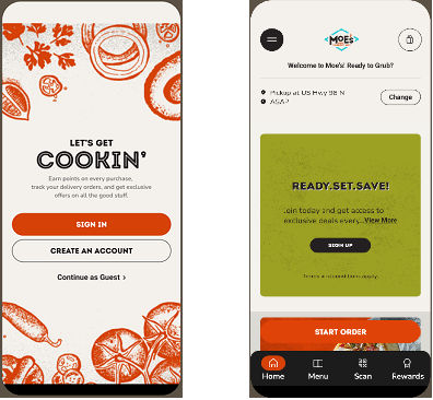 An image showing two mobile phone screenshots of Moe's Southwest Grill app.