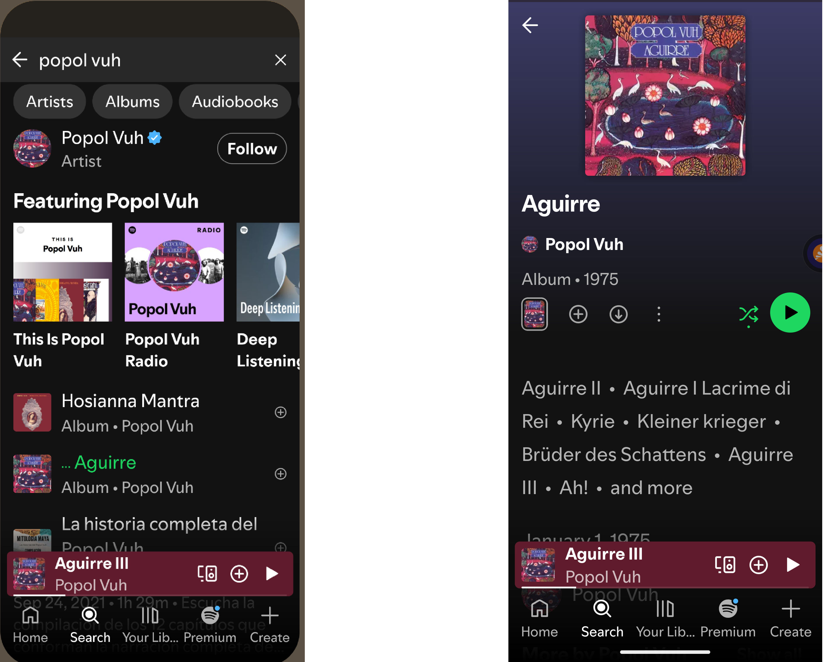 An image showing two mobile phone screenshots of a selection of music and then a selected album on the Spotify app.