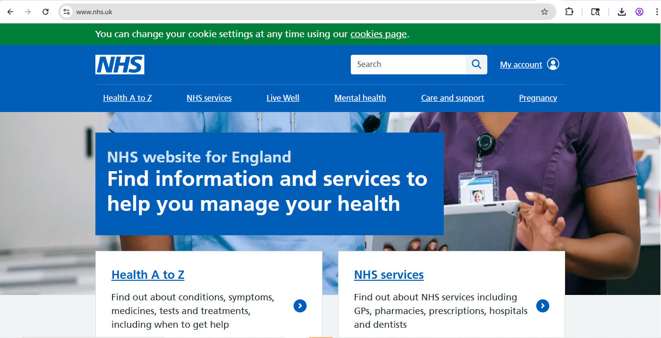 A screenshot of the National Health Service website for England.