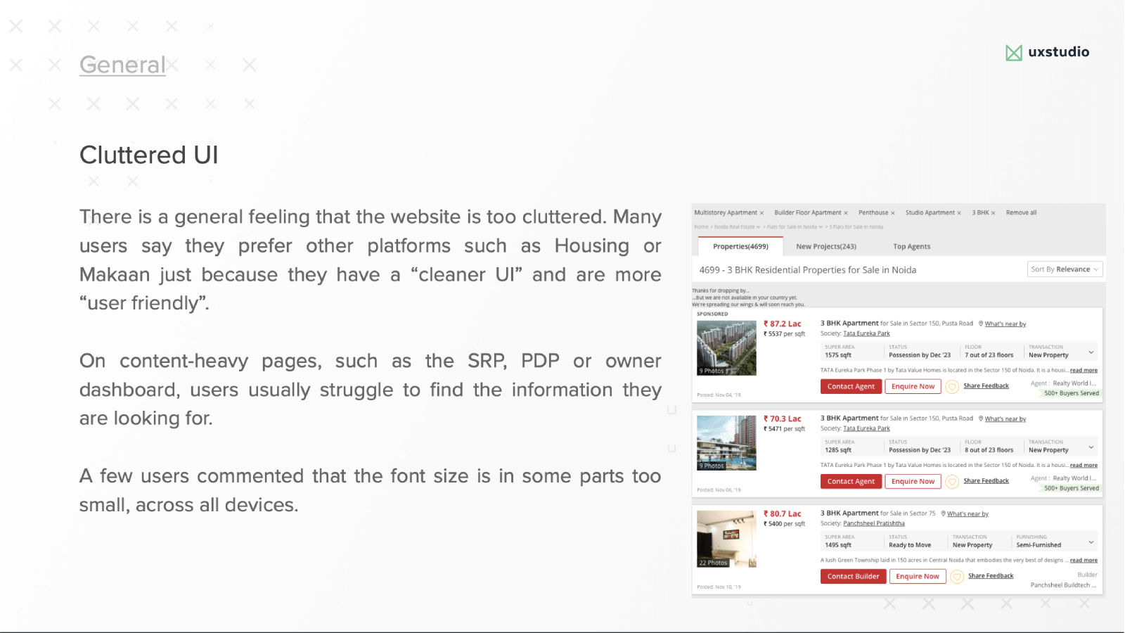 An example of a website design audit reporting about a cluttered user interface.