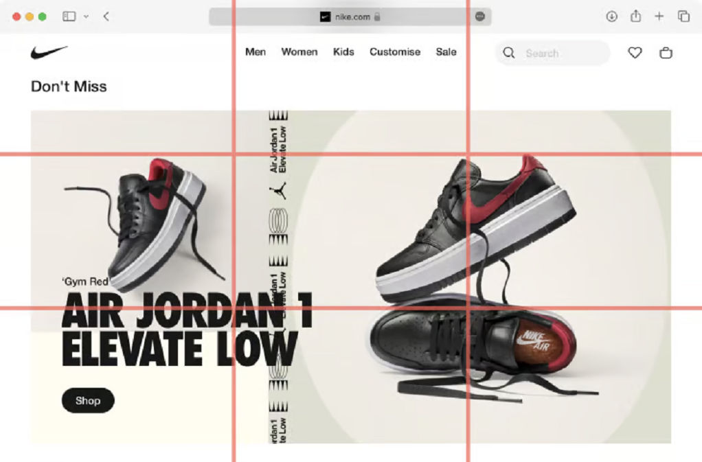 Image of a Nike webpage featuring the rule of thirds grid lines shown over it as an illustration.