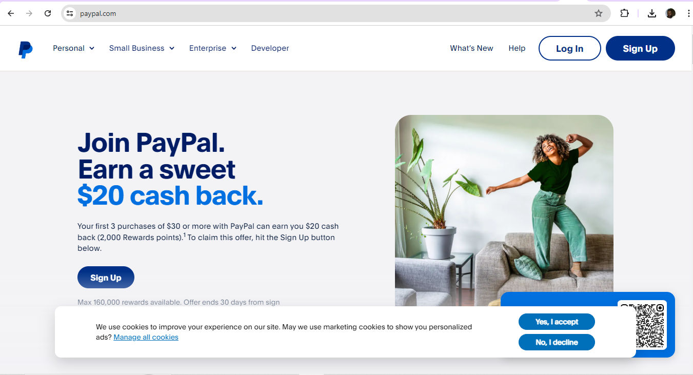 A screenshot of PayPal's landing page.