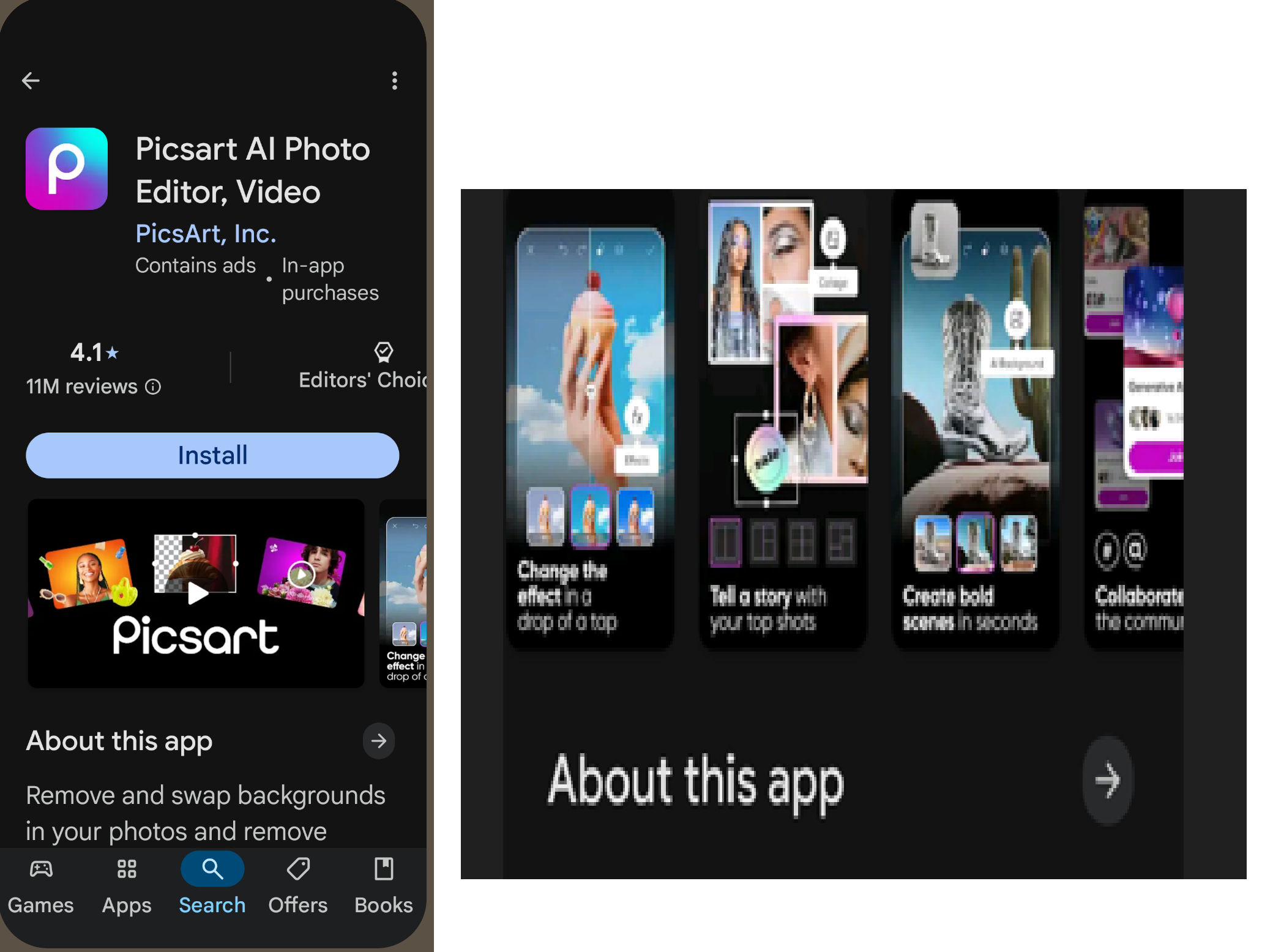 A screenshot from the Picsart app and a zoomed in view of a section of it.