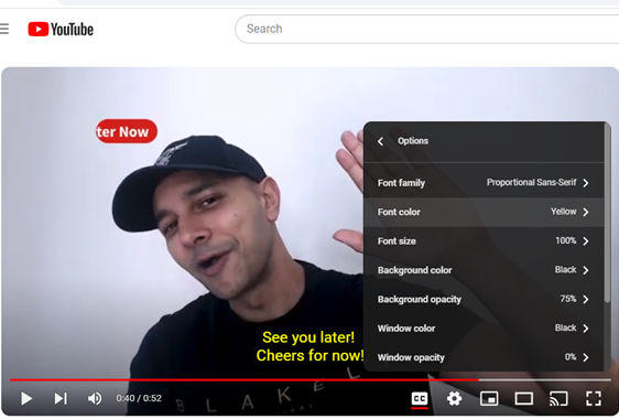 A screenshot of YouTube showing subtitles or closed captions that a user has selected to be yellow in color.