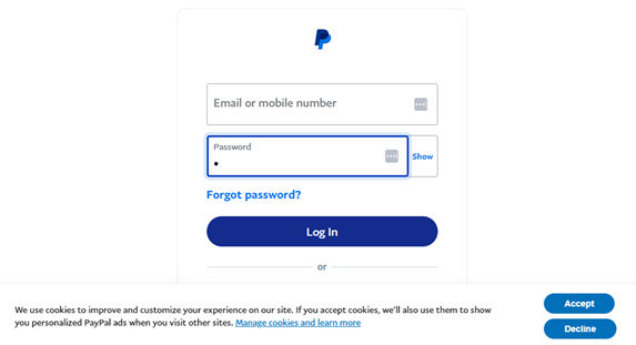 A screenshot of PayPal's login page.