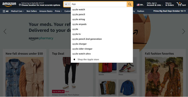 Screenshot of Amazon.com's homepage.