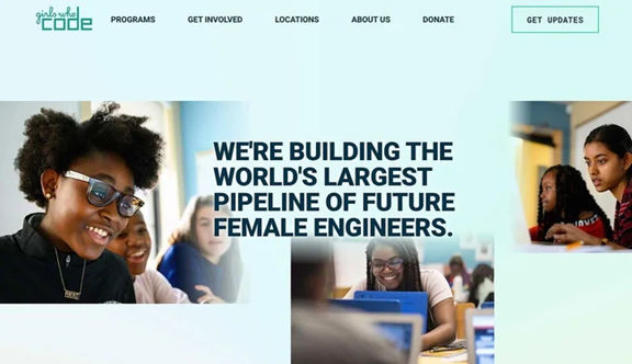 A screenshot of Girls Who Code's homepage.