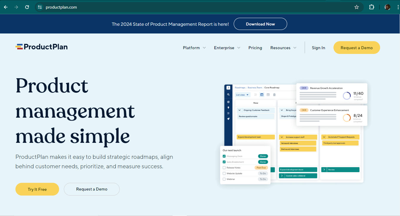 A screenshot from ProductPlan's website.