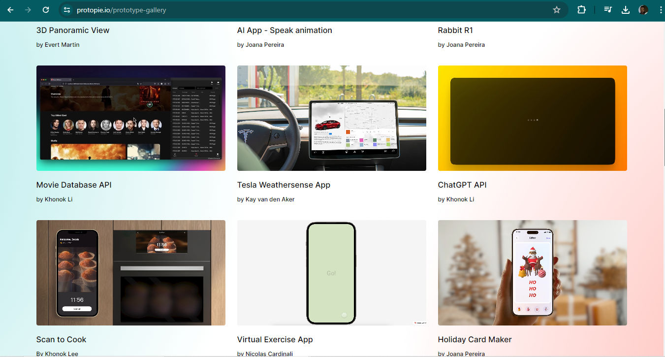 A screenshot showing six examples of designers' work with ProtoPie.