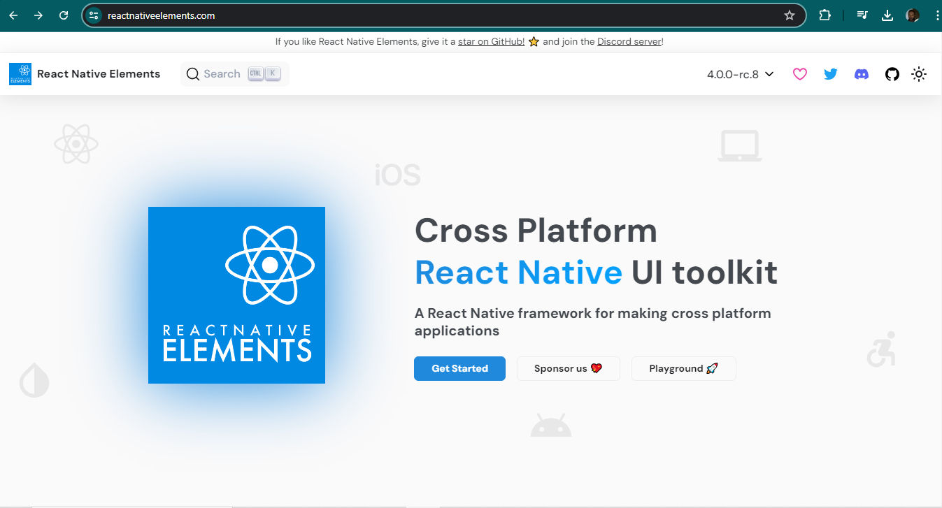 A screenshot of Cross Platform React Native UI Toolkit homepage.