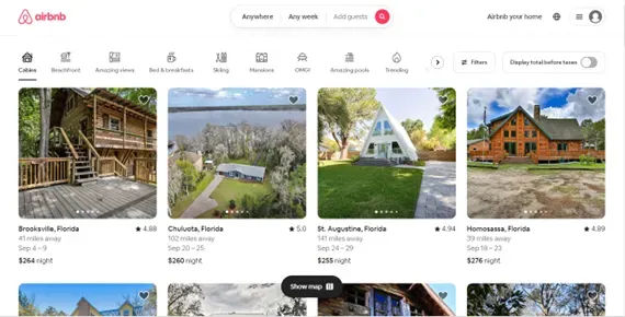 A screenshot of Airbnb's home page.