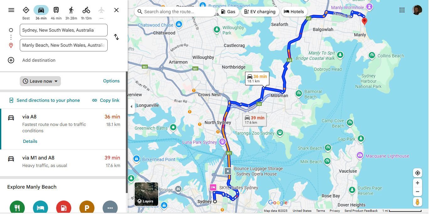 A screenshot from a Google Maps route plan from Sydney to Manly Beach in Australia.
